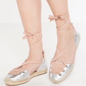 Aldo Silver Pink Emee Leather Jute Espadrille Lace Up Ballet Flats Coquette Sz 8